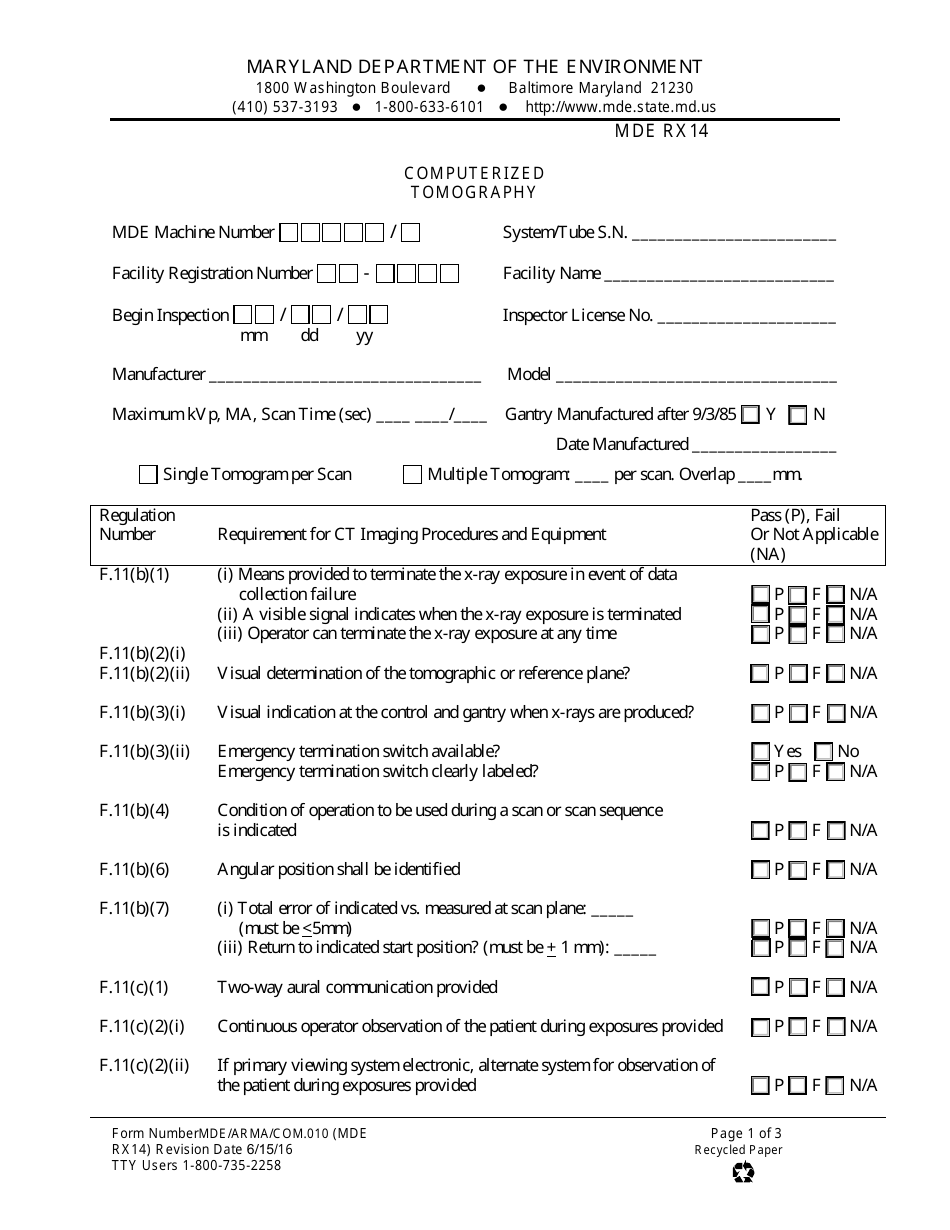 Form RX14 (MDE / ARMA / COM.010) Computerized Tomography - Maryland, Page 1
