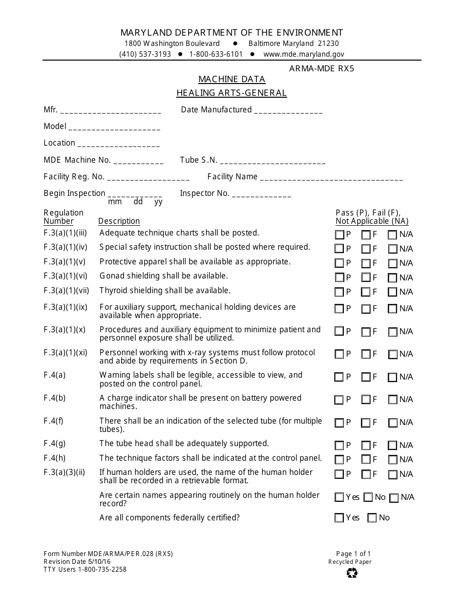 Form RX5 (MDE / ARMA / PER.028) Machine Data Healing Arts-General - Maryland, Page 1