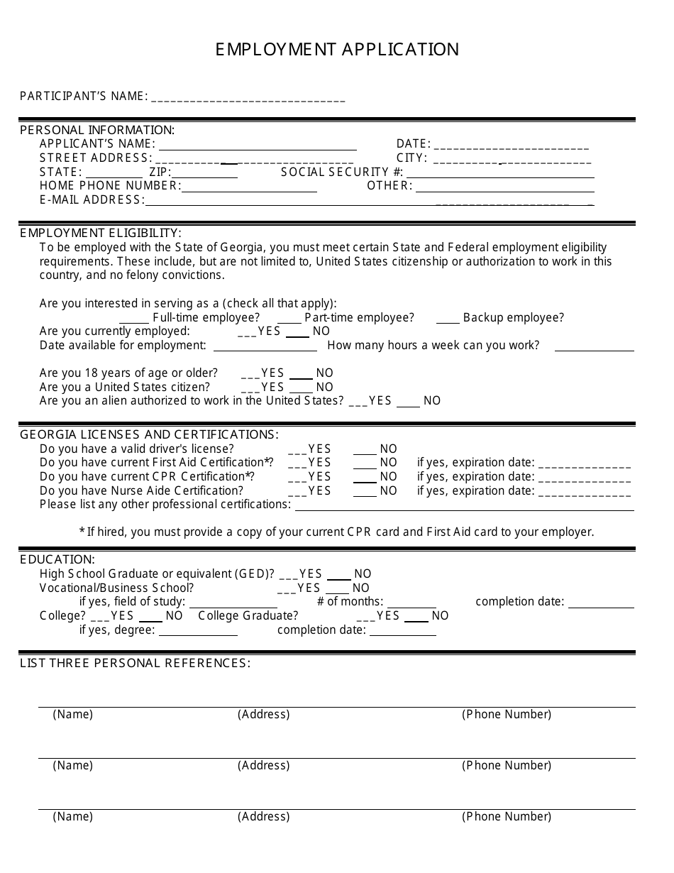Employment Application Form - Georgia (United States), Page 1