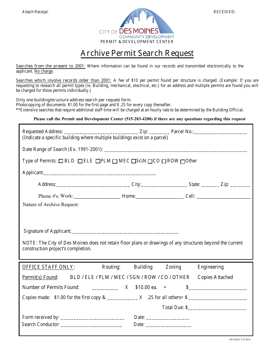 Archive Permit Search Request - City of Des Moines, Iowa, Page 1