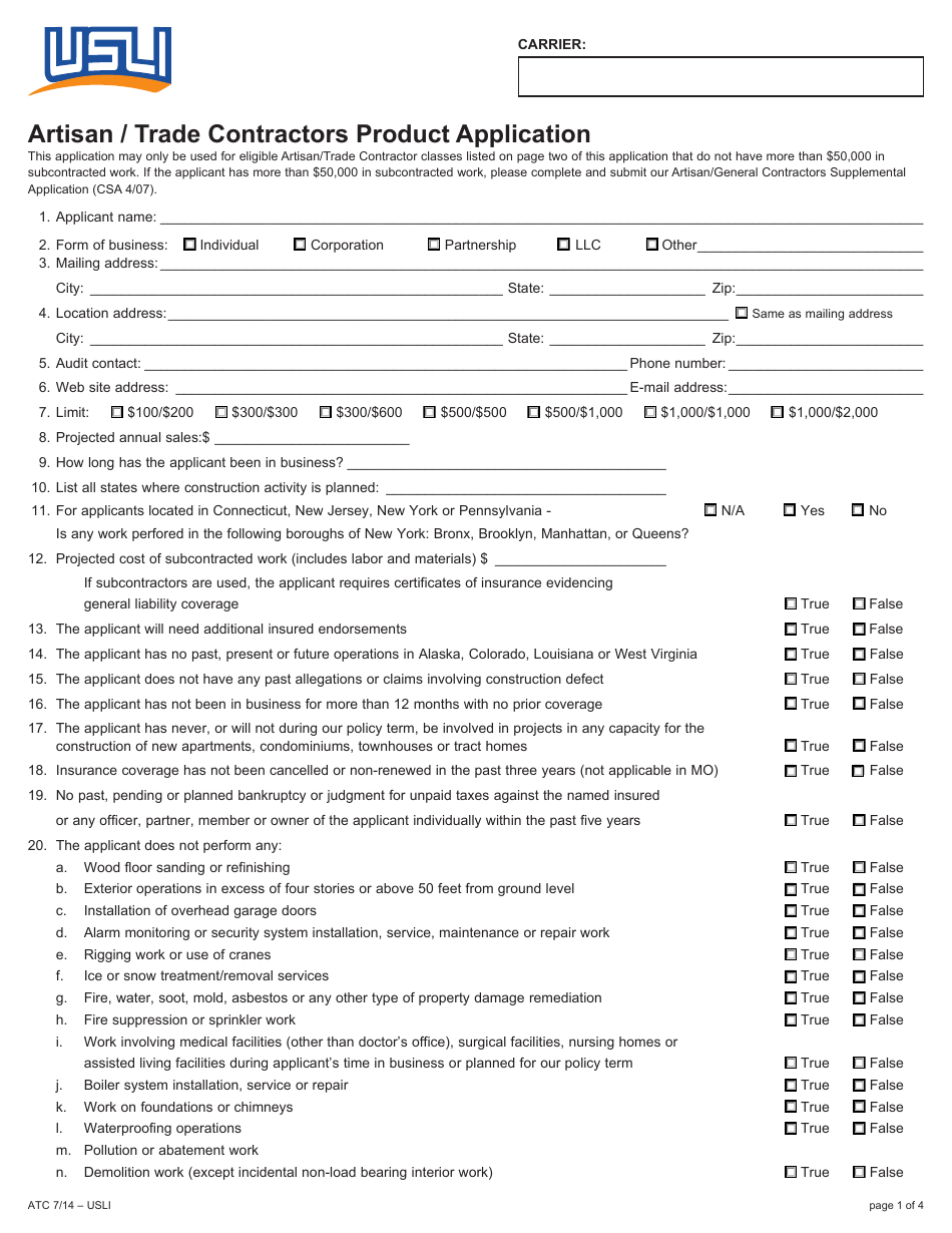Artisan / Trade Contractors Product Application Form - Usli, Page 1