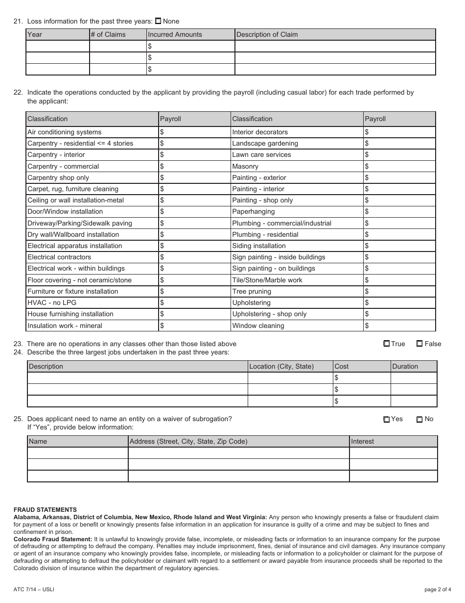 Artisan / Trade Contractors Product Application Form - Usli, Page 2