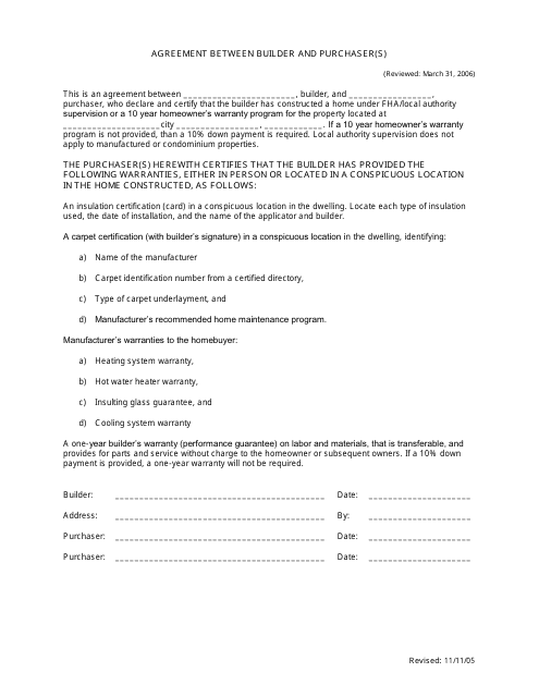 &quot;Agreement Template Between Builder and Purchaser(S)&quot; Download Pdf