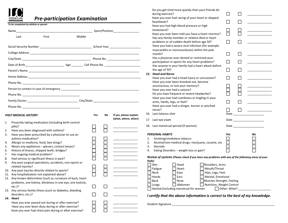 Pre-participation Examination Form - Lewisclark Community College, Page 1