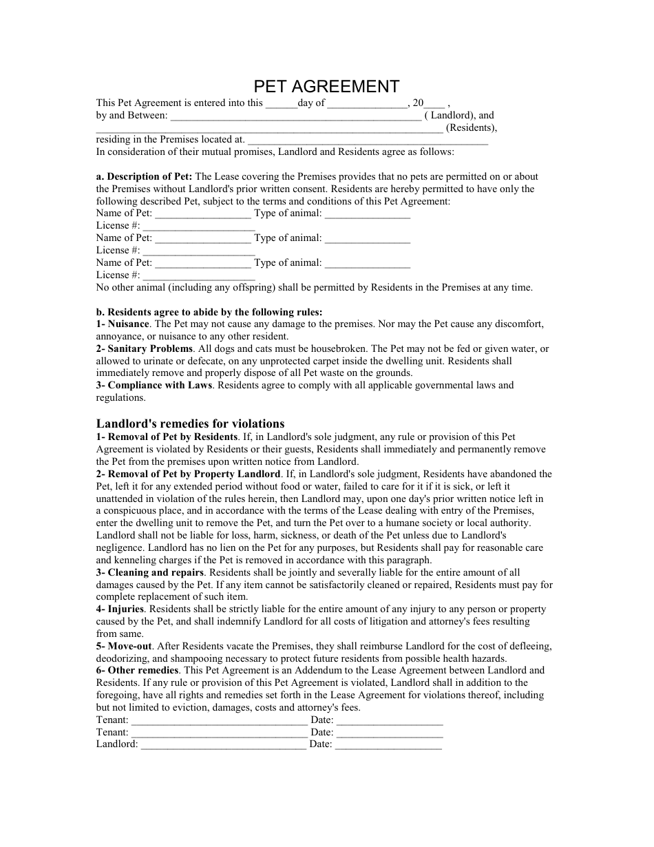 Pet Agreement Form Lines Download Printable PDF Templateroller