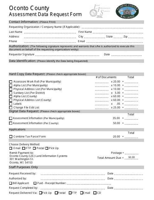 Assessment Data Request Form - Oconto County, Wisconsin