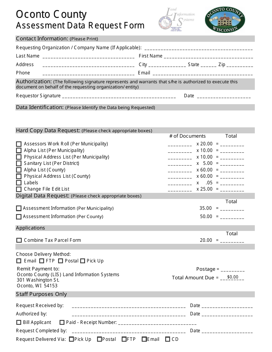 Assessment Data Request Form - Oconto County, Wisconsin, Page 1