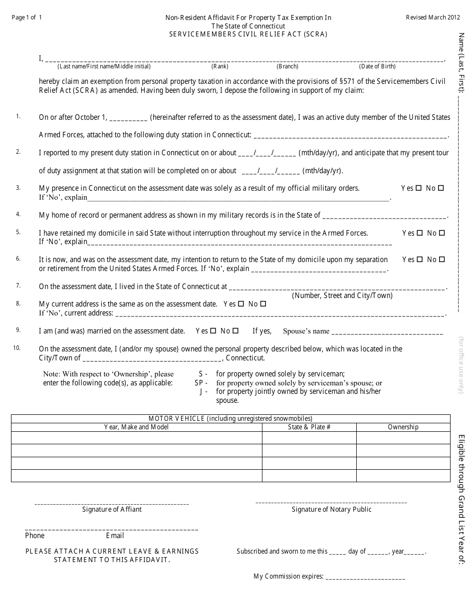 Non-resident Affidavit Template for Property Tax Exemption in the State of Connecticut - Service Members Civil Relief Act (Scra) - Connecticut, Page 1