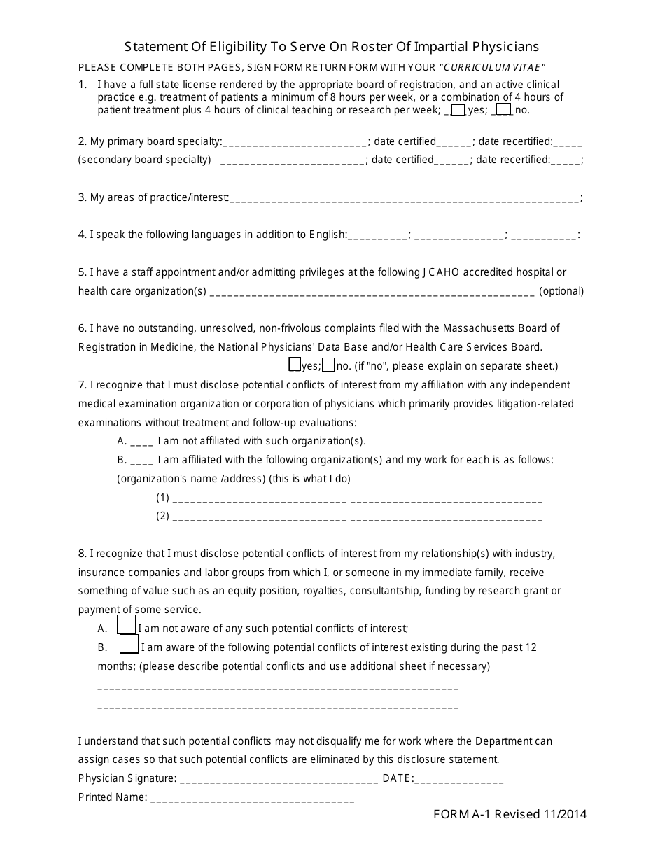 Form A-1 Statement of Eligibility to Serve on Roster of Impartial Physicians - Massachusetts, Page 1