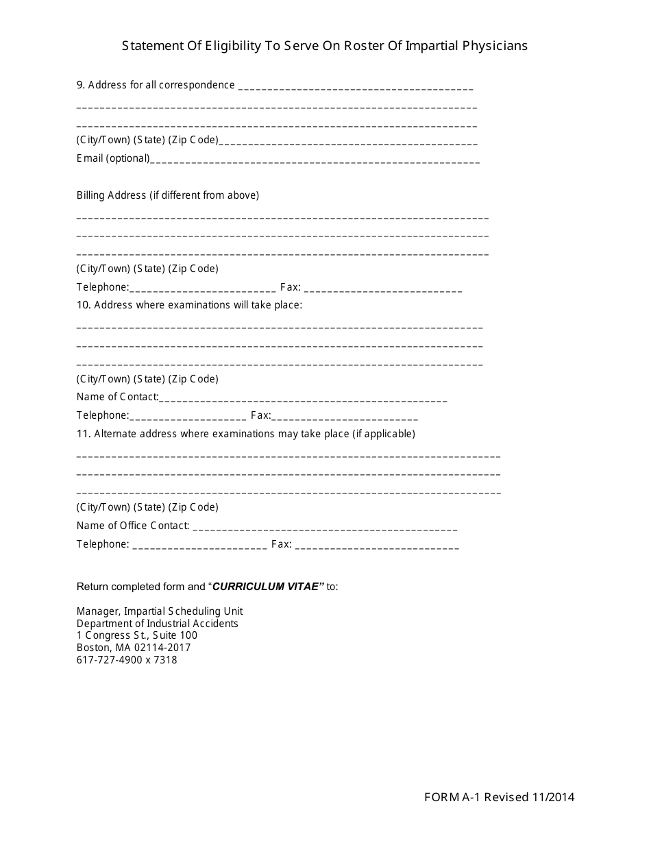 Form A-1 Statement of Eligibility to Serve on Roster of Impartial Physicians - Massachusetts, Page 2