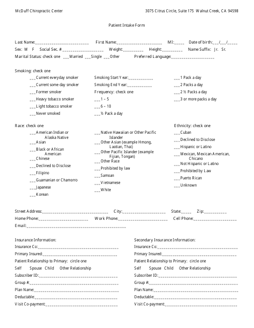 Patient Intake Form - Mcduff Chiropractic Center