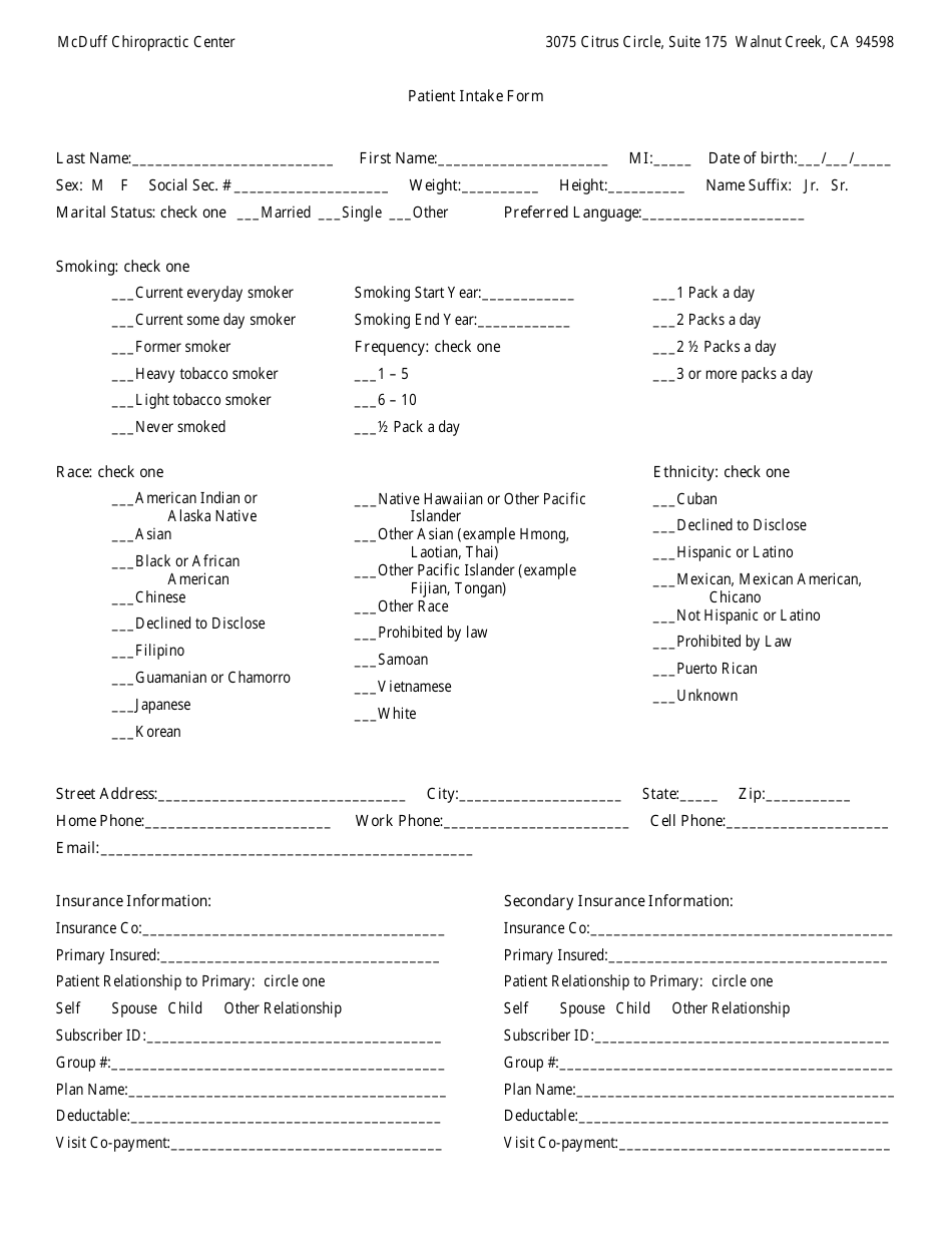 Patient Intake Form Mcduff Chiropractic Center Download Printable Pdf