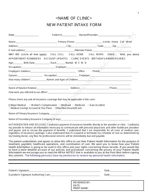 New Patient Intake Form Download Pdf
