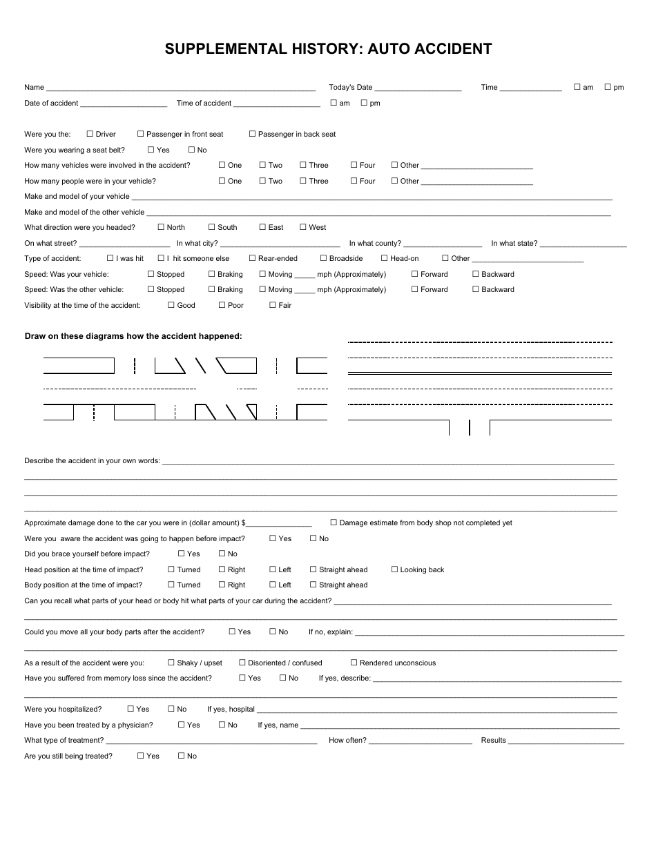 Auto Accident Form - Supplemental History, Page 1