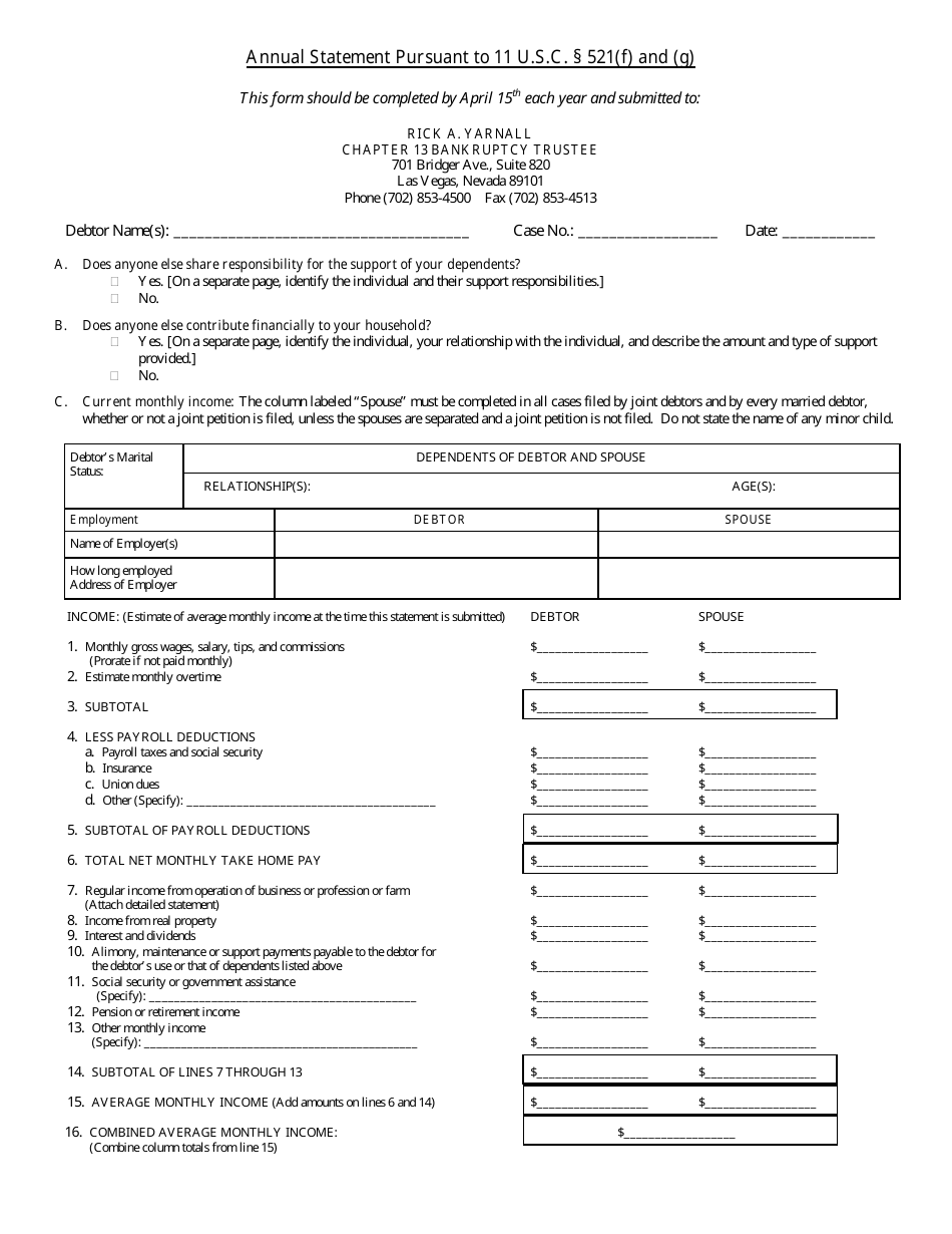 Nevada Annual Statement Pursuant to 11 U.s.c. 521(F) and (G) - Fill Out ...