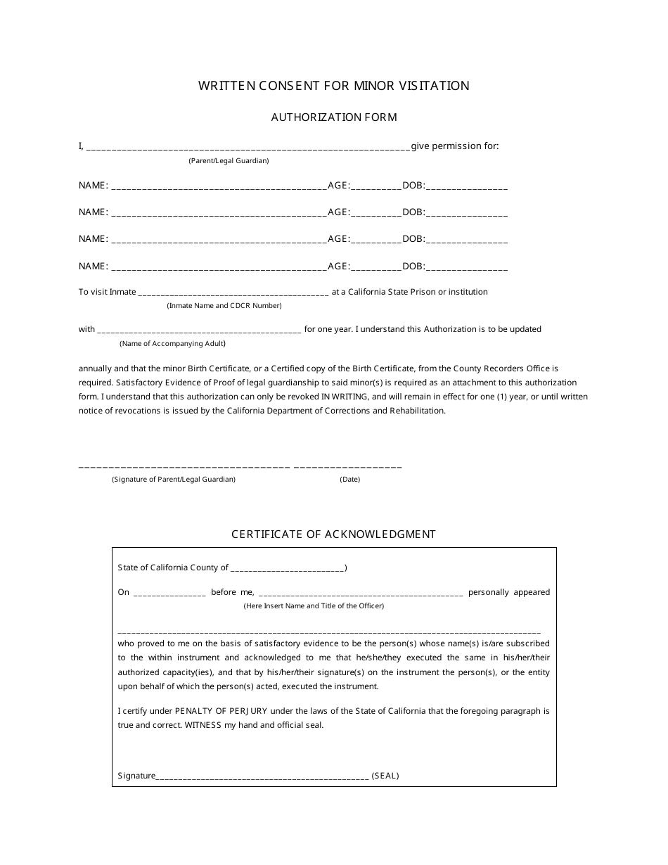 Written Consent for Minor Visitation: Authorization Form, Certificate of Acknowledgment Template - California, Page 1