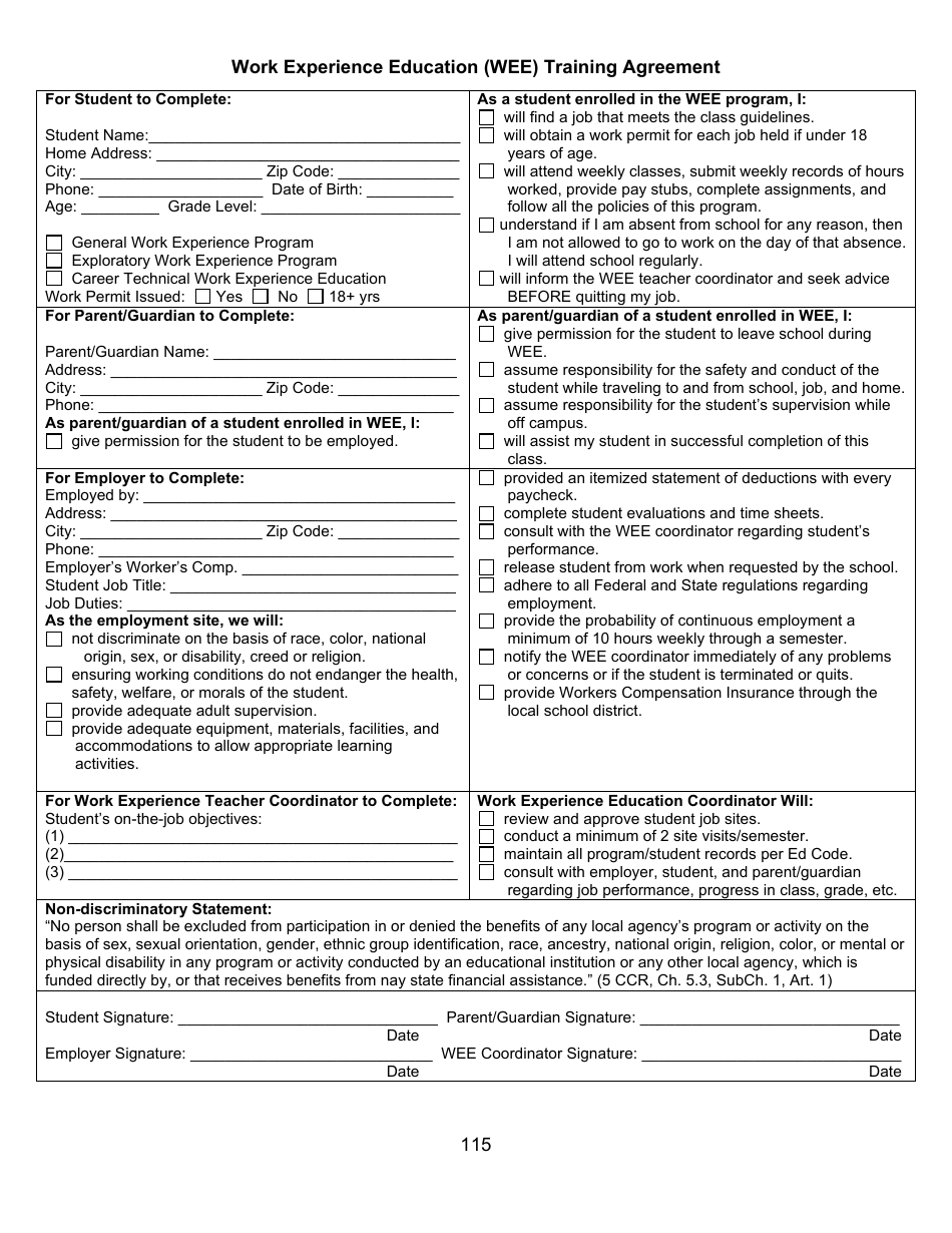 Work Experience Education (Wee) Training Agreement Template, Page 1
