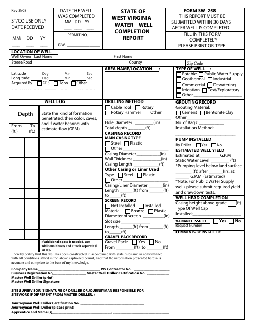 Form SW-258  Printable Pdf