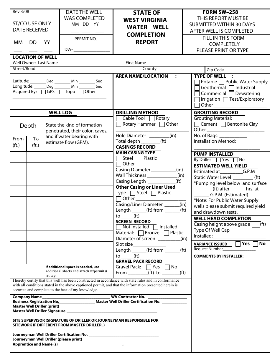 Form SW-258 Water Well Completion Report - West Virginia, Page 1