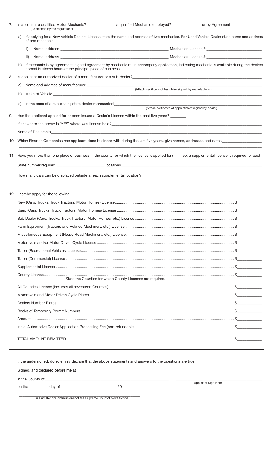 Application for Motor Vehicle Dealers License - Nova Scotia, Canada, Page 2