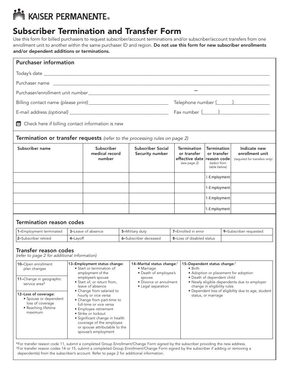 Subscriber Termination and Transfer Form - Kaiser Permanente, Page 1