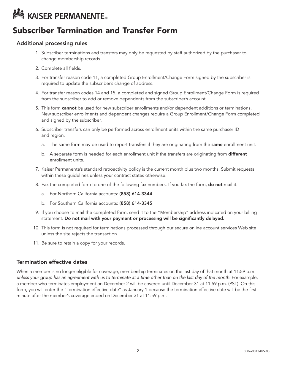 Subscriber Termination and Transfer Form - Kaiser Permanente, Page 2