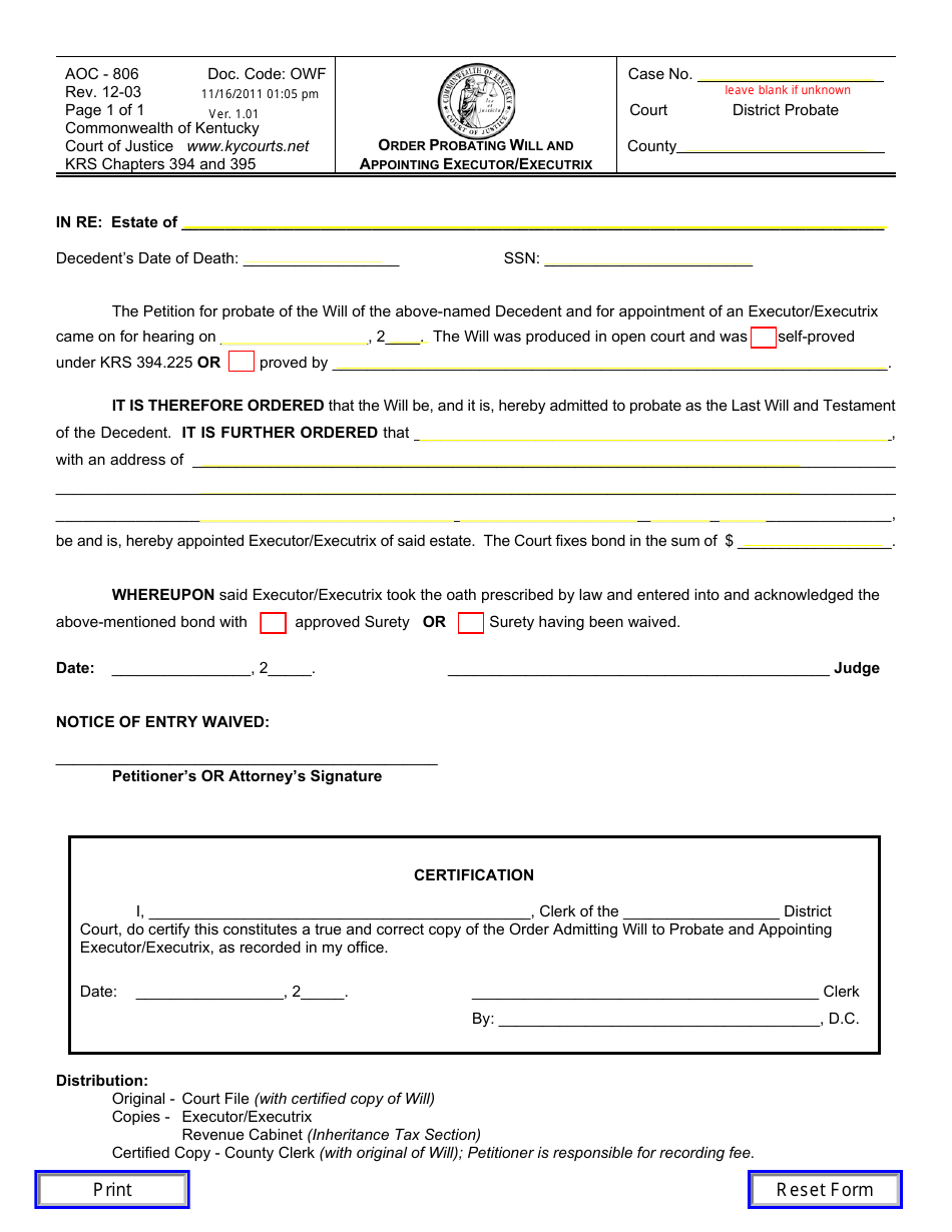 Form AOC-806 Order Probating Will and Appointing Executor / Executrix - Kentucky, Page 1