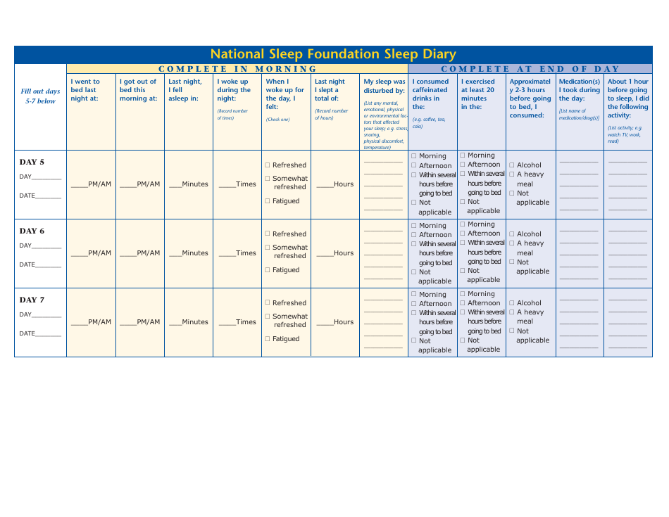Sleep Diary Template - National Sleep Foundation, Page 2