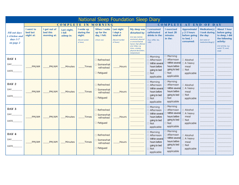 Sleep Diary Template National Sleep Foundation Download Printable PDF
