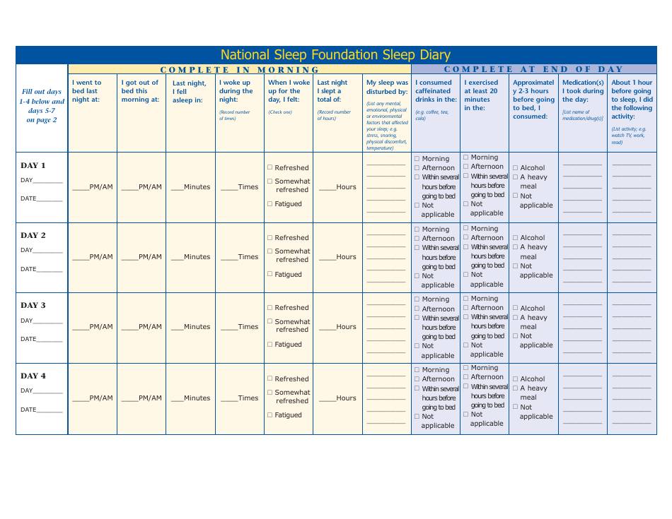 Sleep Diary Template National Sleep Foundation Download Printable PDF 