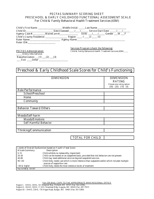 Pecfas Summary Scoring Sheet - Preschool & Early Childhood Functional Assessment Scale for Child & Family Behavioral Health Treatment Services - Maine Download Pdf
