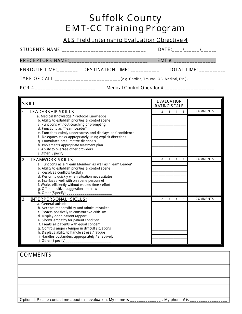 Als Field Internship Evaluation Objective 4 - Emt-Cc Training Program - Suffolk County, New York, Page 1