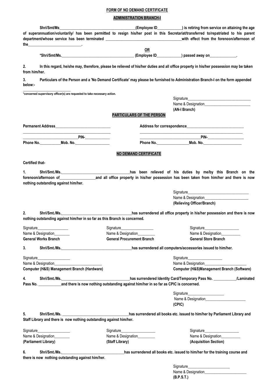 Form of No Demand Certificate - India, Page 1