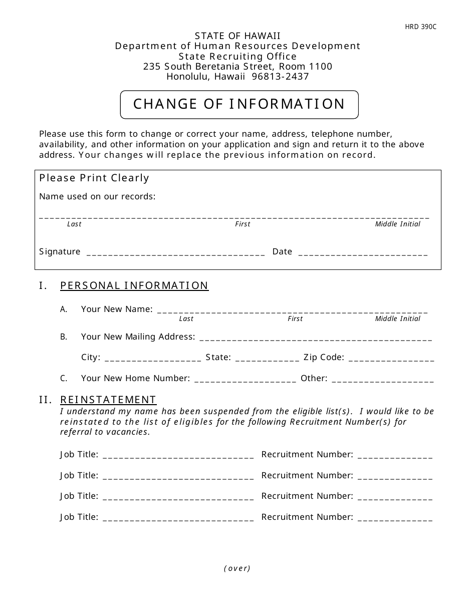 HRD Form 390C Change of Information - Hawaii, Page 1