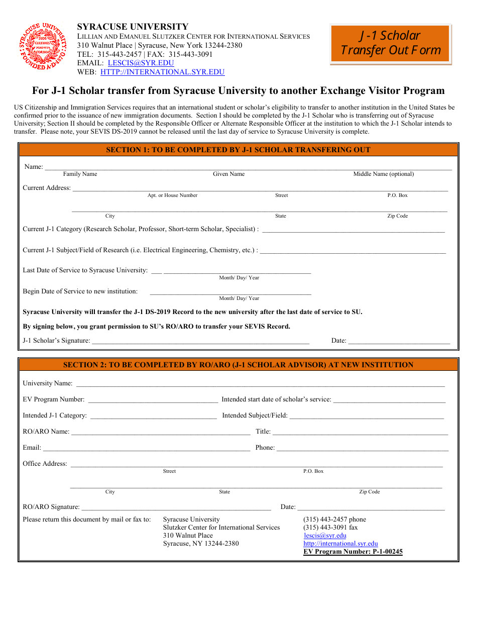 Scholar Transfer out Form - Syracuse University, Page 1