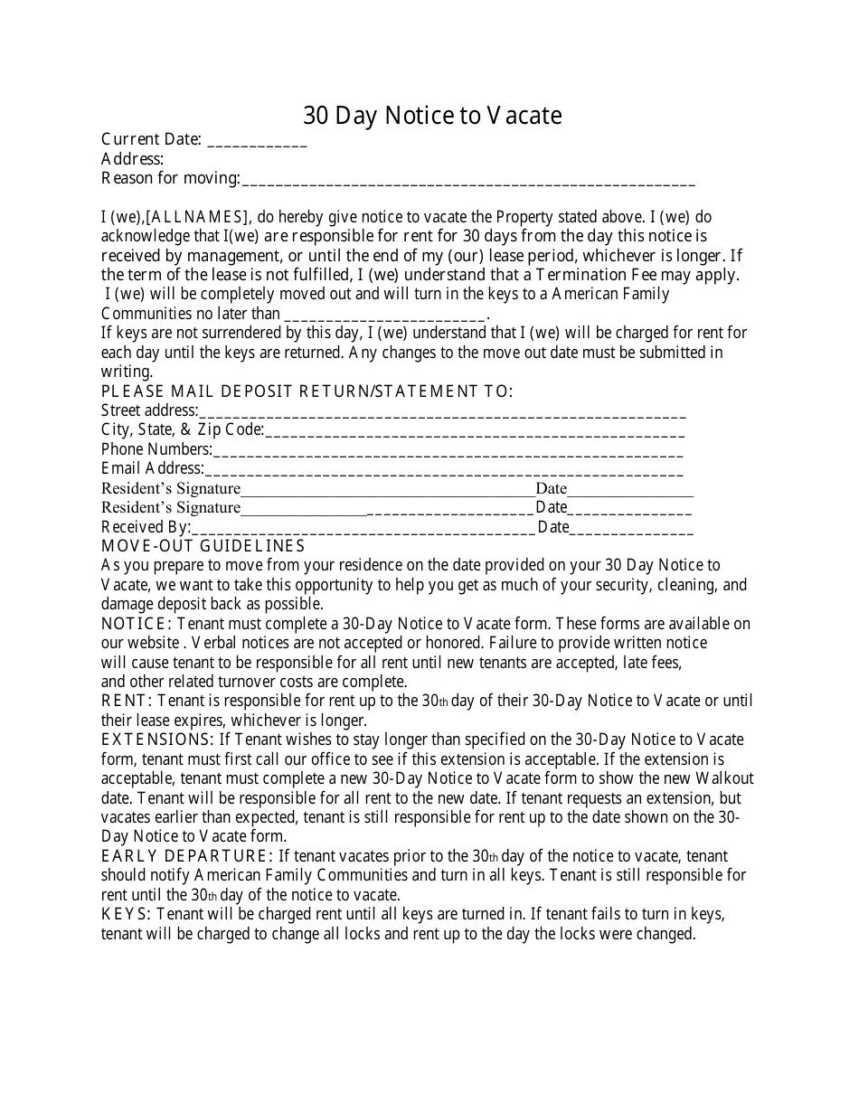 Sample 30 Day Notice to Vacate Template Download Printable PDF