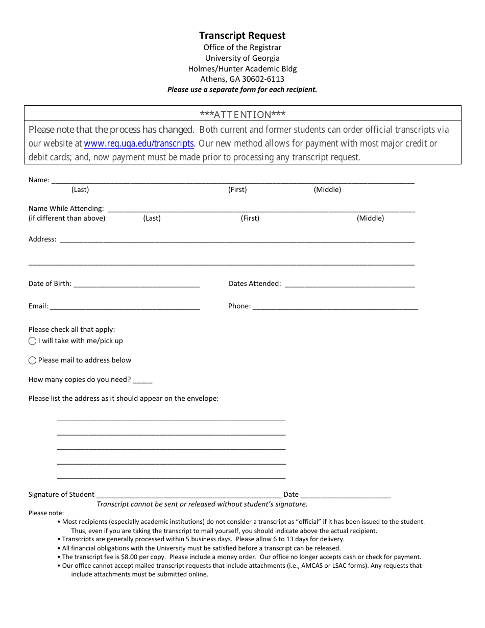 Transcript Request Form University of Georgia Fill Out Sign Online