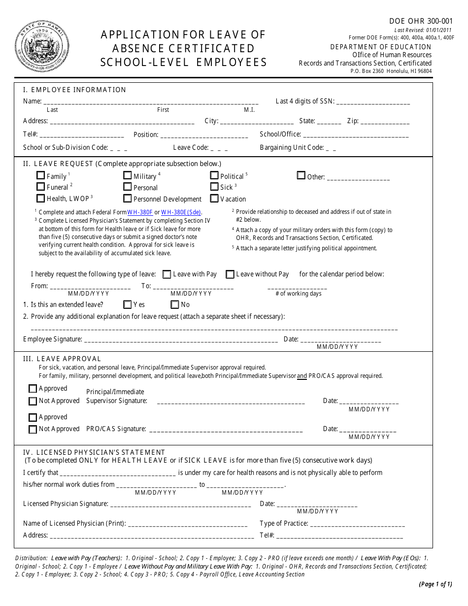 Form DOE OHR300-001 Application for Leave of Absence Certificated School-Level Employees - Hawaii, Page 1