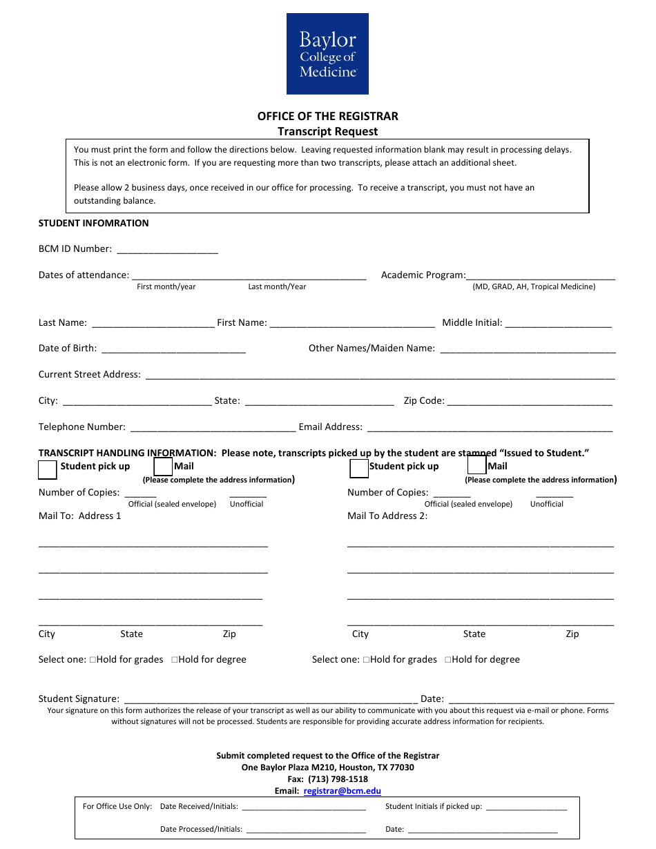 Transcript Request Form - Baylor College of Medicine - Houston, Texas, Page 1