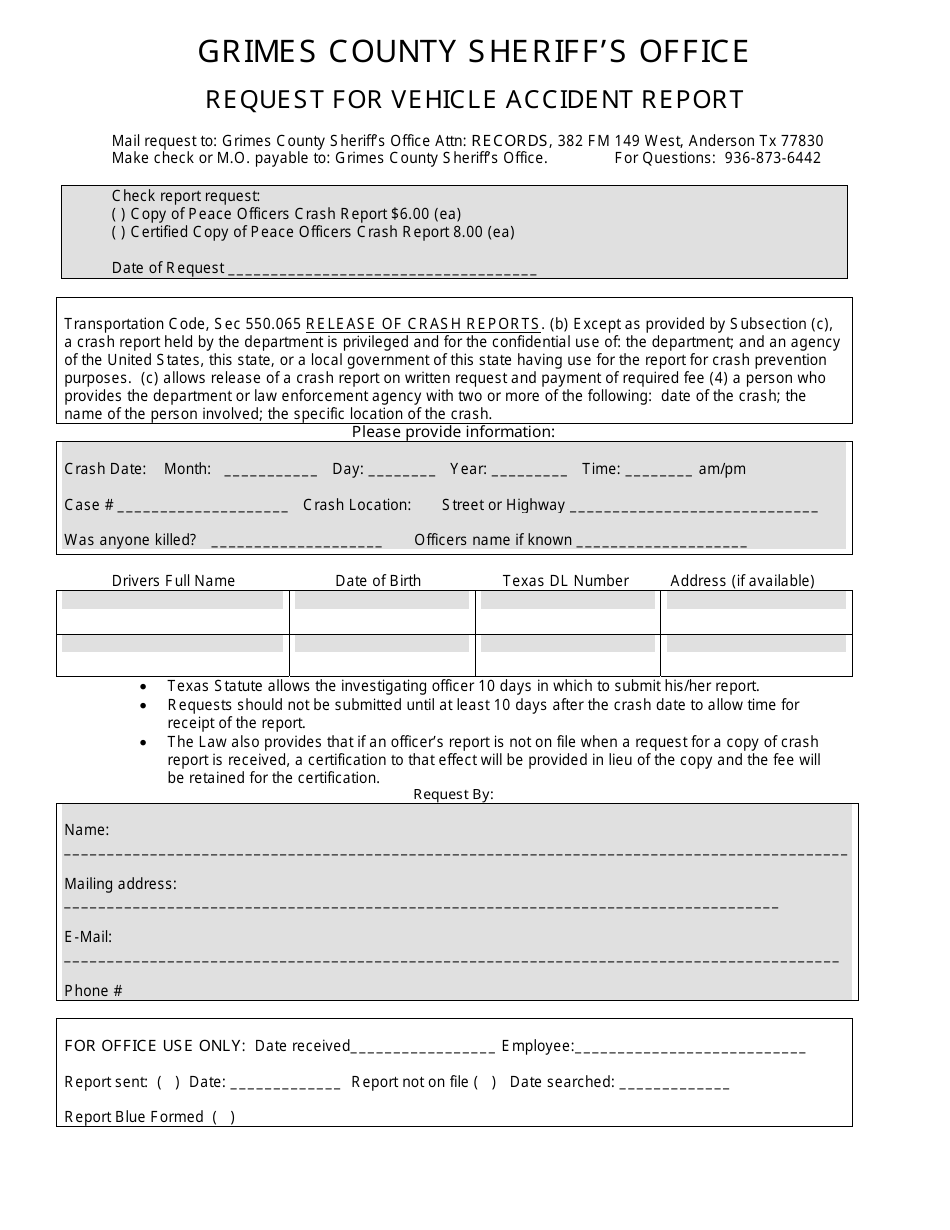 Request for Vehicle Accident Report - Grimes County, Texas, Page 1