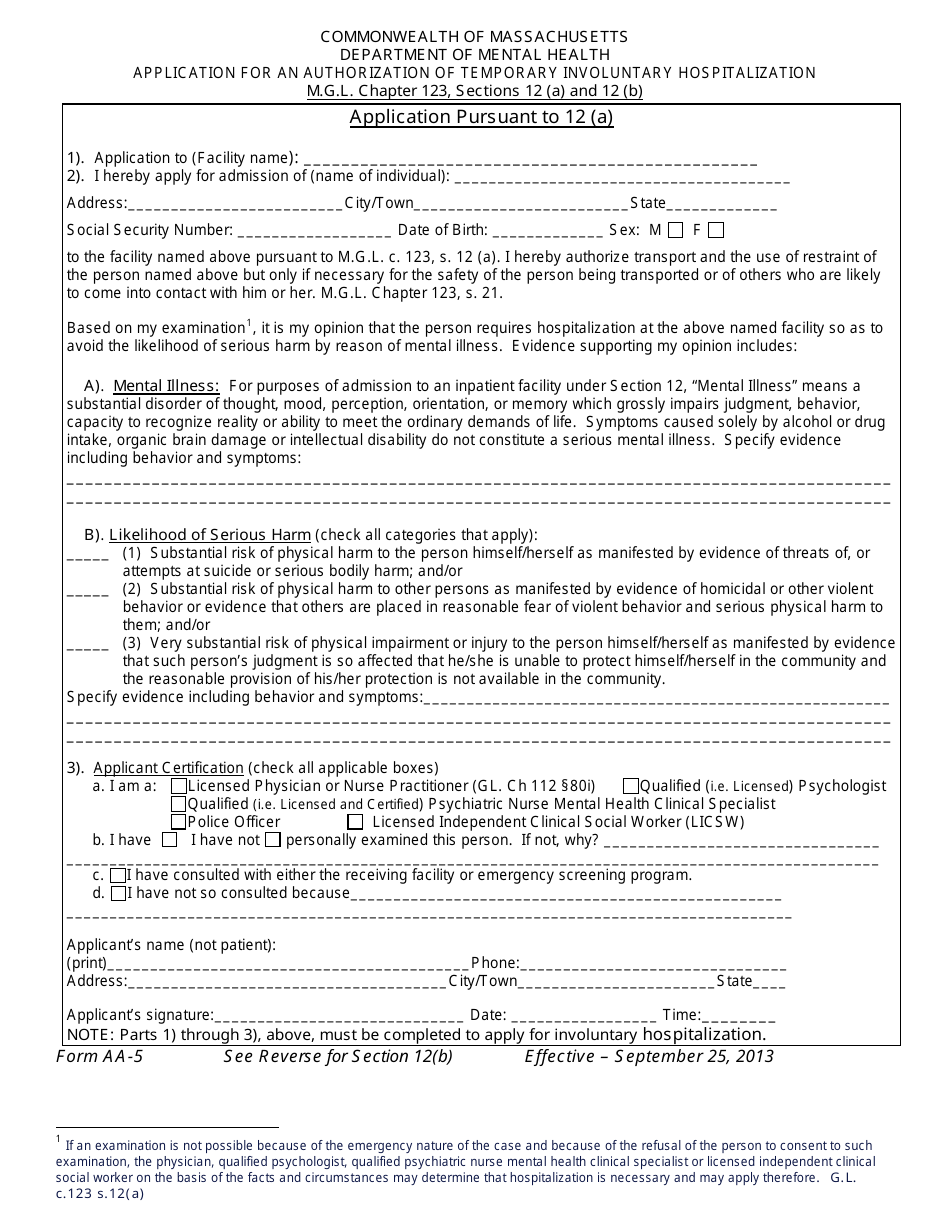 Form AA-5 Application for and Authorization of Temporary Involuntary Hospitalization - Massachusetts, Page 1