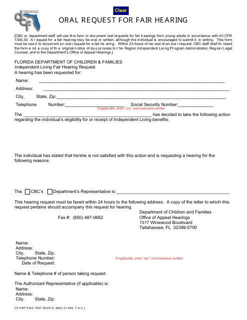 Form CF-FSP5303 Oral Request for Fair Hearing - Florida