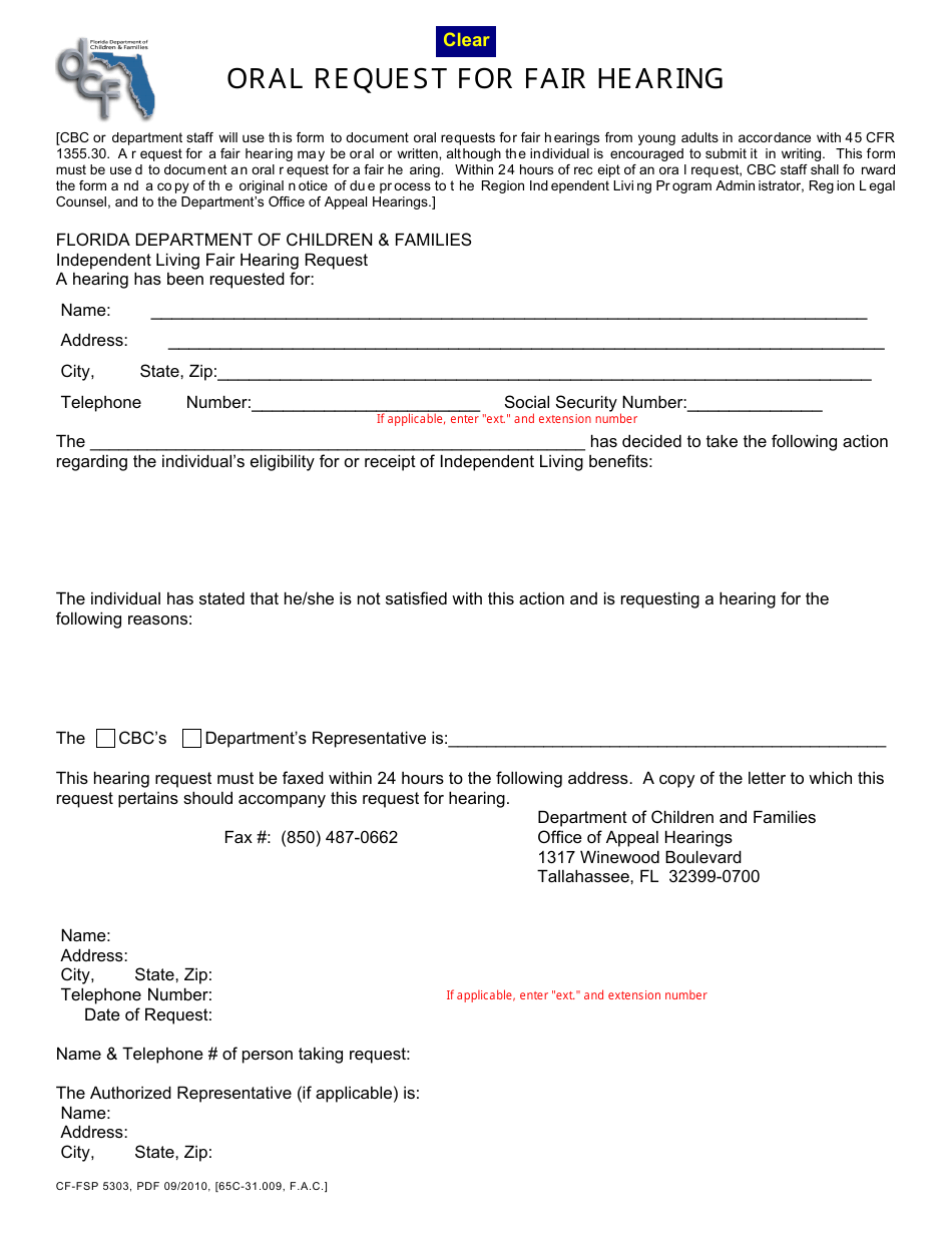 Form CF-FSP5303 Oral Request for Fair Hearing - Florida, Page 1