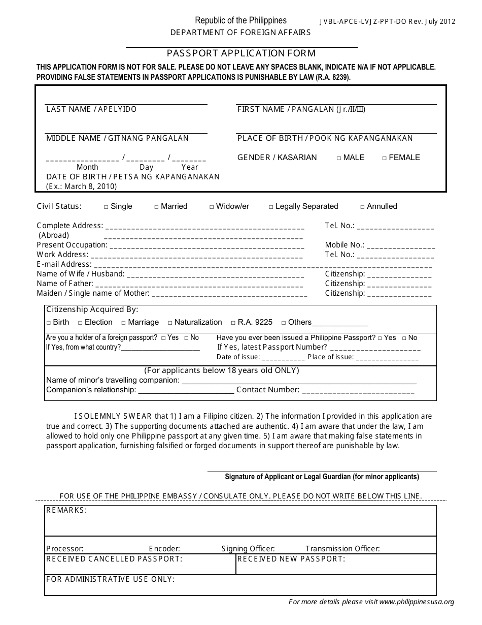 Passport Application Form - Philippines, Page 1