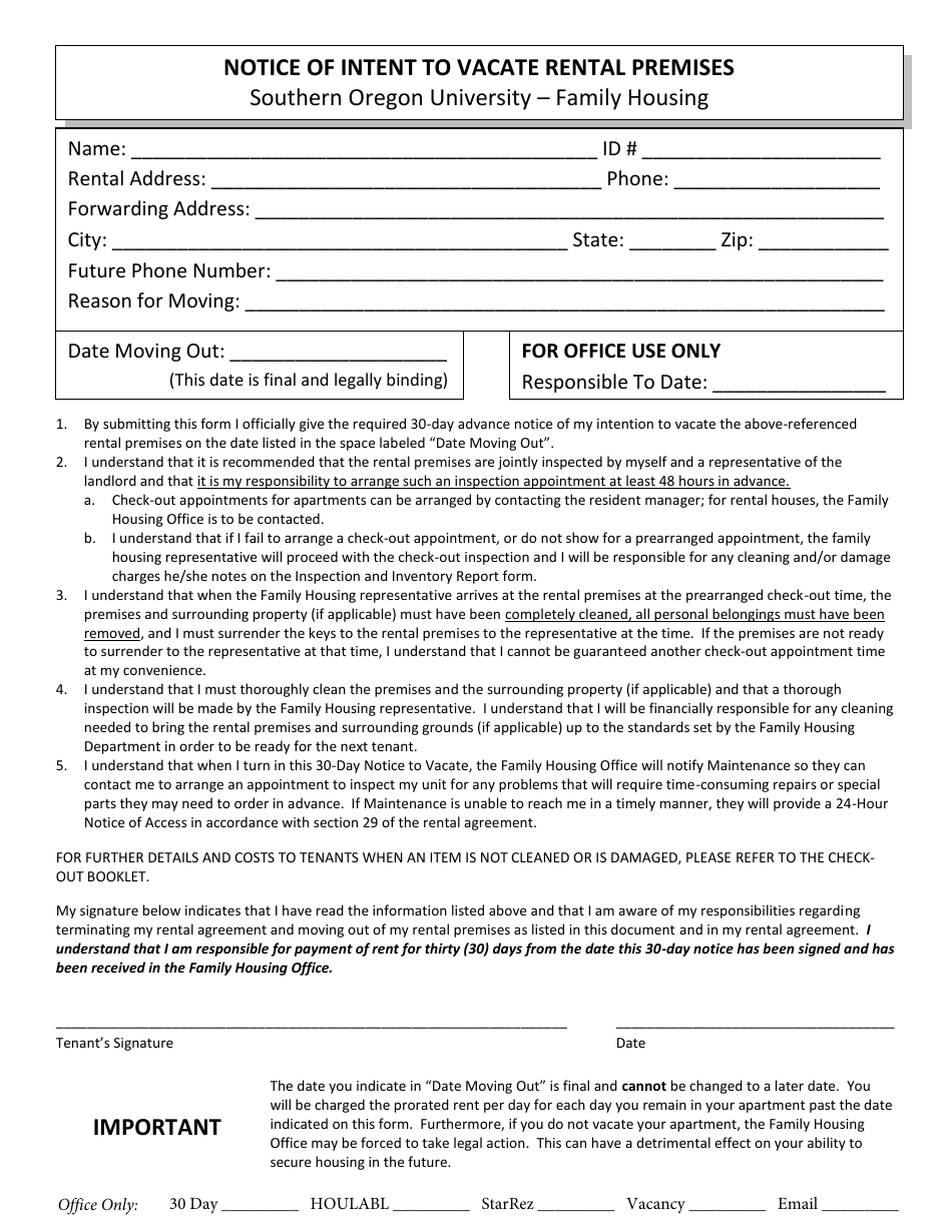 Notice of Intent to Vacate Rental Premises - Southern Oregon University ...