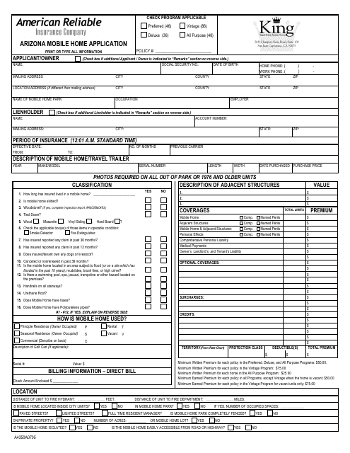 Arizona Mobile Home Application Form - King Support Systems Insurance Services Download Pdf
