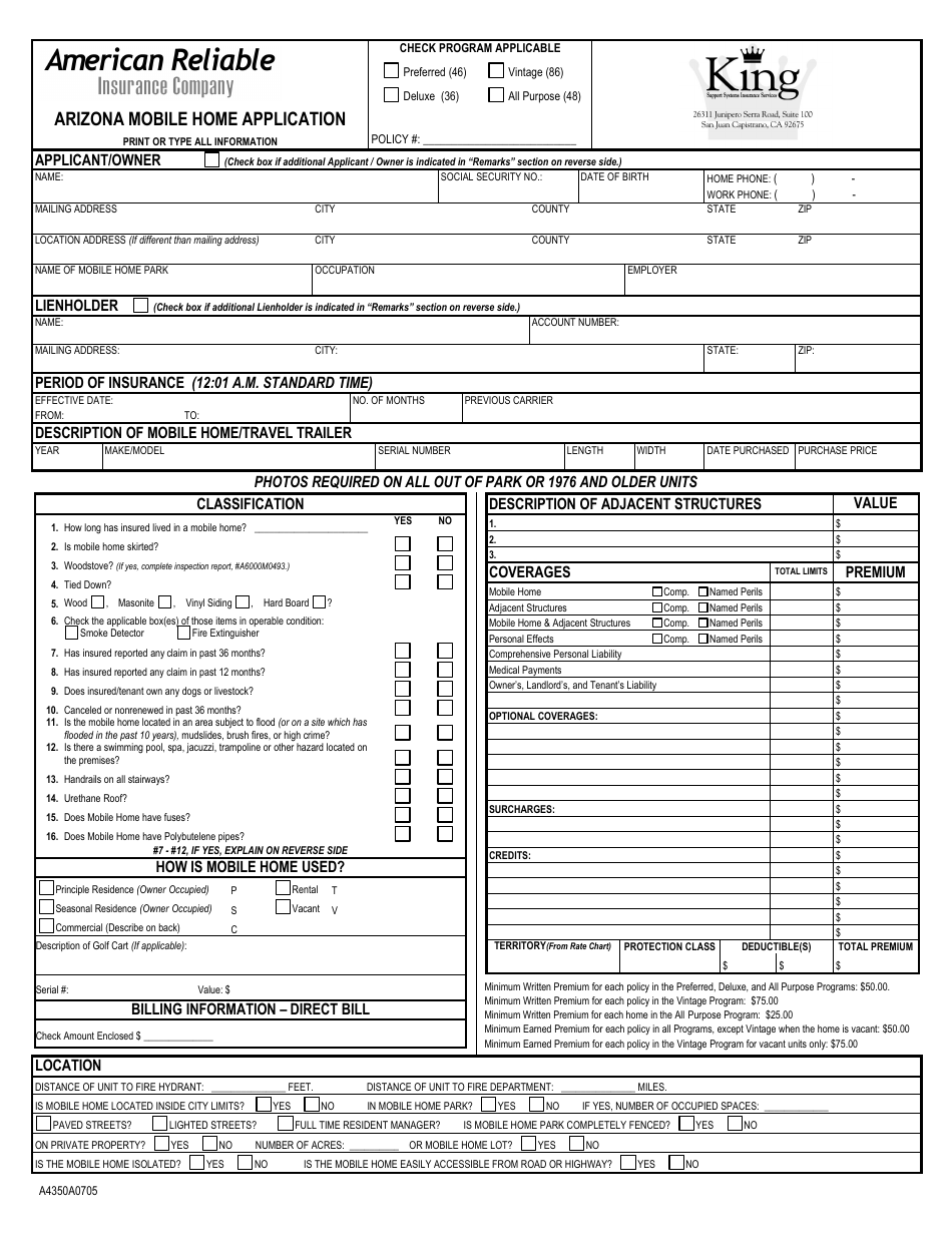 Arizona Mobile Home Application Form - King Support Systems Insurance Services, Page 1