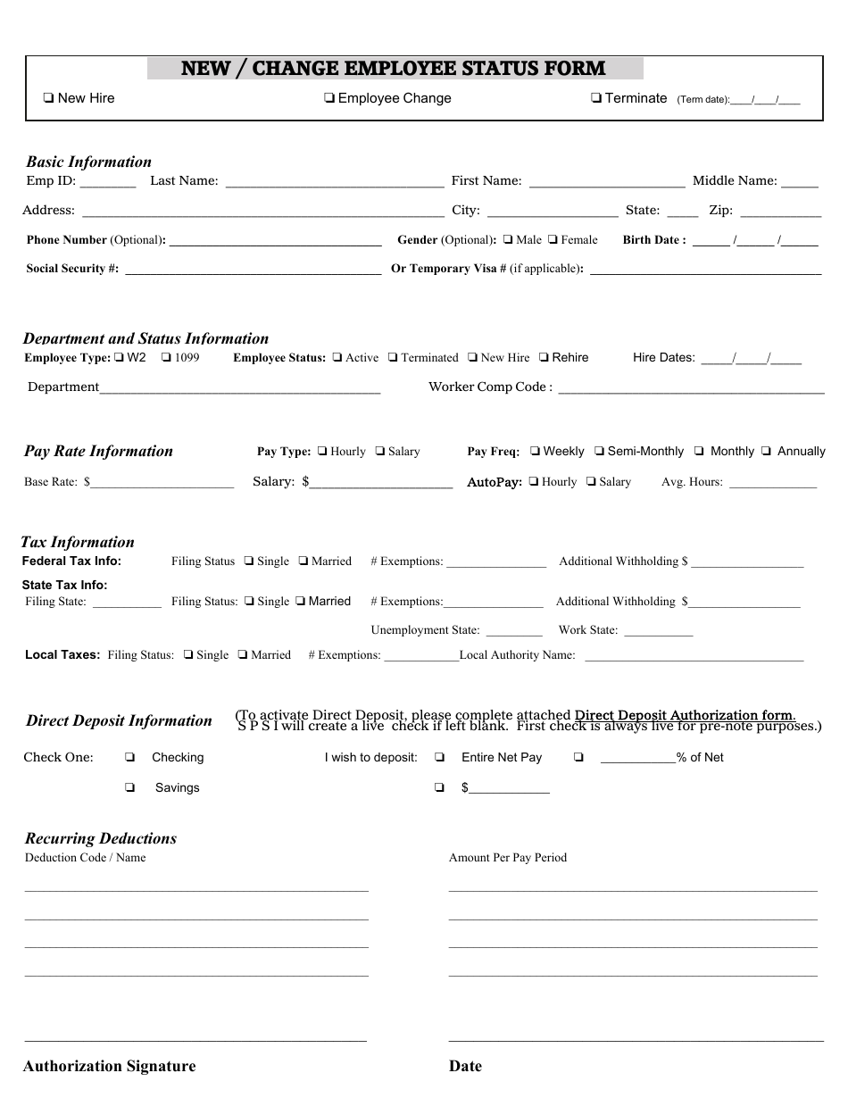 New / Change Employee Status Form, Page 1