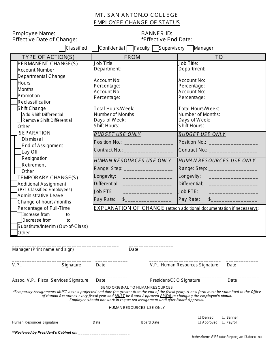 Employee Change of Status Template - Mt. San Antonio College - Fill Out ...