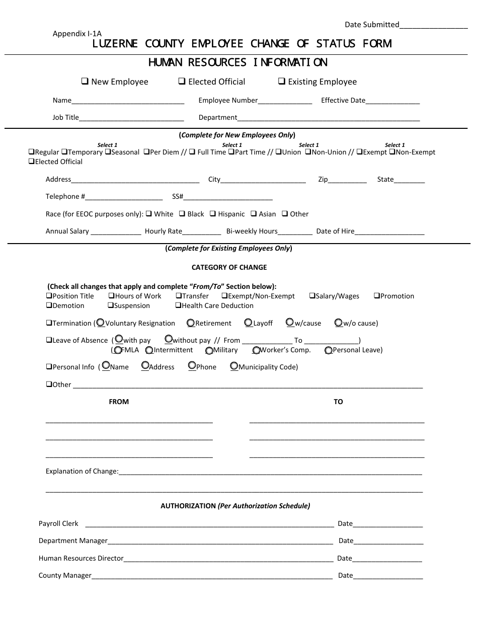 Employee Change of Status Form - Luzerne County, Pennsylvania, Page 1